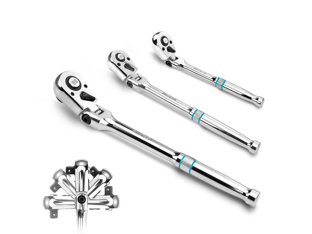 3-Piece Flex-Head Ratchet, 90-Tooth Quick-Release Ratchet Wrench 1/4', 3/8', 1/2' Socket Wrench with 180° Pivoting Head & 7-Position Setting,...