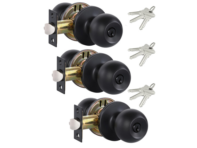 (3 Pack) Black Door Knobs with Lock and Keys, Interior/Exterior Door Knob for Bedroom or Bathroom, Entry Door Handle Locks