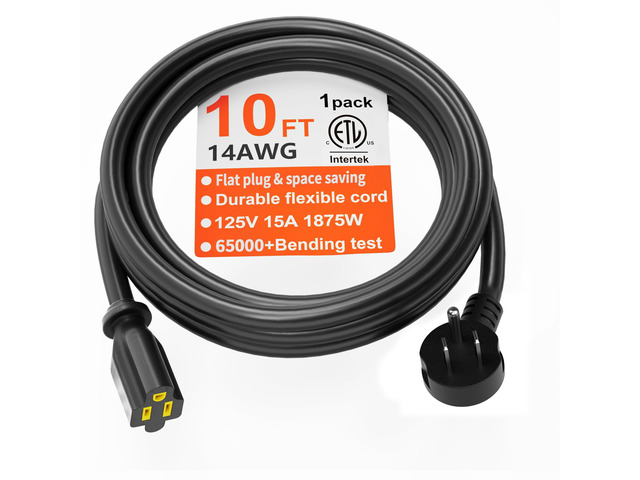 14 Gauge 10 FT Black Flat Plug Extension Cord, Indoor Low Profile Flat Plug, Heavy Duty 3 Prong Grounded, Flexible SJTW, 15A 1875W 125V, ETL...