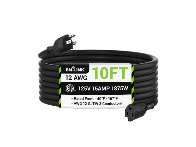 10ft Outdoor Extension Cord, 12/3 SJTW Heavy Duty Power Cord, 3-Prong Grounded Plug, Weather Resistant, 15A, 1875W, Black, for Lawn, Garden,...