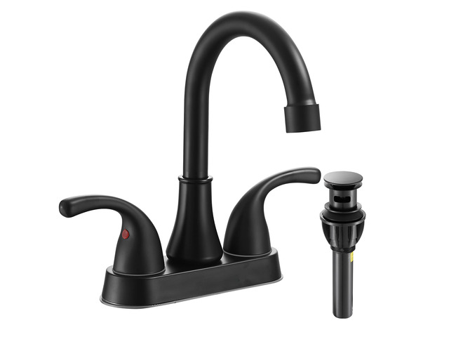 Bathroom Sink Faucet 4 Inch 2 Handle Bathroom Sink Faucets Lead-Free Matte Black Bath Sinks Faucets with Pop-up Drain Stopper and Supply Hoses