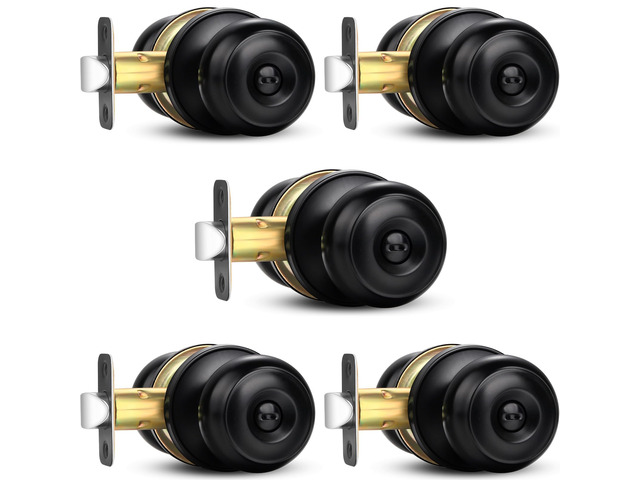 Privacy Door Knob, 5 Pack Black Round Keyless Doorknobs Interior Lockset Matte Black Locking Door Knob for Bedroom/Bathroom, Privacy Modern Design...