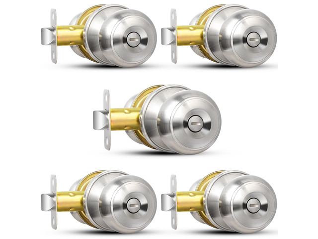 Privacy Door Knob, 5 Pack Brushed Nickel Round Keyless Doorknobs Interior/Exterior Lockset, Privacy Locking Door Knobs for Bedroom/Bathroom, Modern...