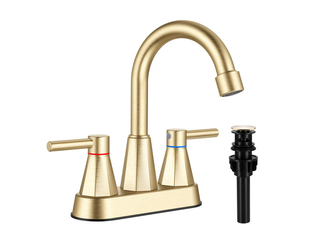 Bathroom Sink Faucet Brushed Gold, 2-Handle 4-inch Centerset Faucet Lead-free stainless steel, pop-up drain included, Detachable faucet aerator,...