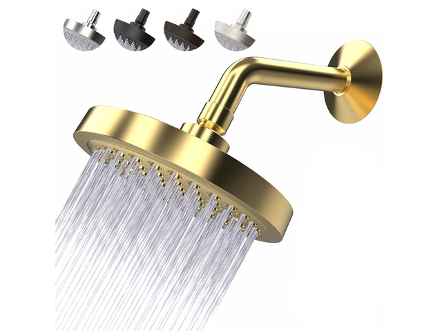 Shower Head - High Pressure 2.5 GPM - Gold Anti-clog silicone nozzles, removable restrictor, easy-clean fixed replacement