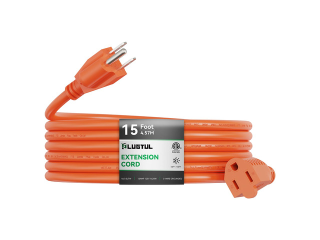 Outdoor Extension Cord 15 FT 16/3 Gauge Heavy Duty 3 Prong Extension Cord, 13A 1625W SJTW, ETL Listed, Great for Garden and Home, Orange