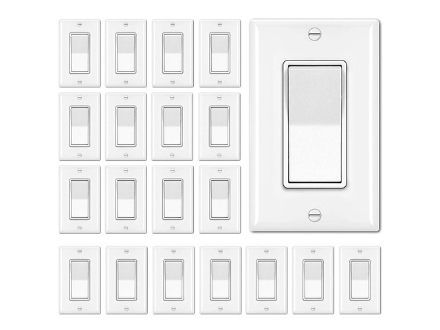 20-Pack 3-Way Decorator Wall Light Switch with Wallplate, White UL Listed, 15A 120V/277V, Single Pole or Three Way, On/Off Rocker Paddle Switch, 3...