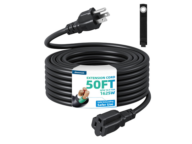 50FT 16/3 Outdoor Extension Cord, 125V/13A, Black, ETL Listed Storage Strap, 3 Prong SJTW Weatherproof Power Cable, Heavy-Duty Copper Construction,...
