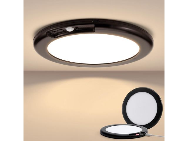 2 Pack Black Operated Battery Powered Motion Sensor Ceiling Lights Wireless, Rechargeable 60 Day Battery Life Waterproof Inside Shower Lighting...