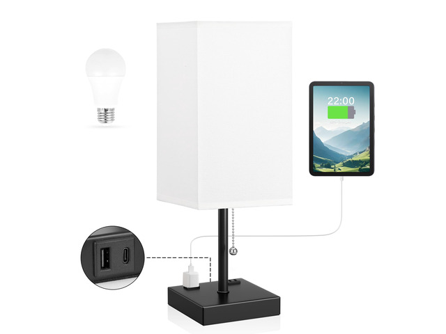 17.4' White Bedside Table Lamp for Bedroom - USB C+A, 2 AC Outlets Pull Chain Lamp, 3 Color Modes(3000K/4000K/5000K), E26 LED Bulb Included, Square...
