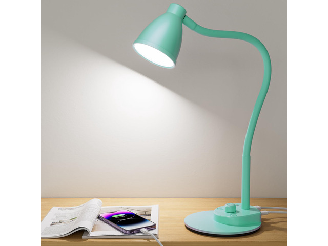 LED Desk Lamp with USB Charging Port, 3 Color Modes Dimmable, Teal Reading Lamp, Auto Dimming Task Lamp, Flexible Neck Table Light for Office Dorm...