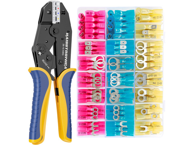 280PCS Ratchet Crimper Kit, Heat Shrink Terminals, AWG 22-10 Color-coded jaw markings, adjustable force wheel, quick-release lever, field wiring