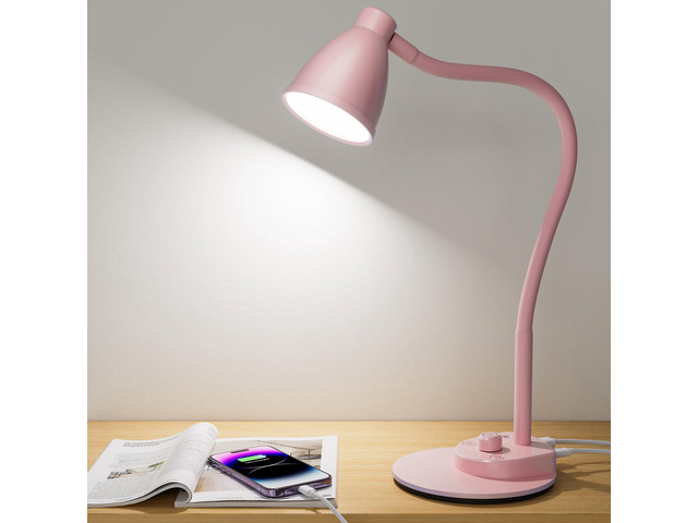 Cute Desk Lamp with USB Charging Port, 3 Color Modes Dimmable, Pink Pink Lamp LED Reading Lamp, Flexible Neck Auto Dimming Table Task Light for...