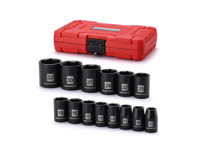 14 Pieces 1/2-Inch Drive Shallow Impact Socket Set, 11-32mm, CR-V, Metric, 6 Point, Shallow, 14 Pieces 1/2' Dr. Shallow Socket