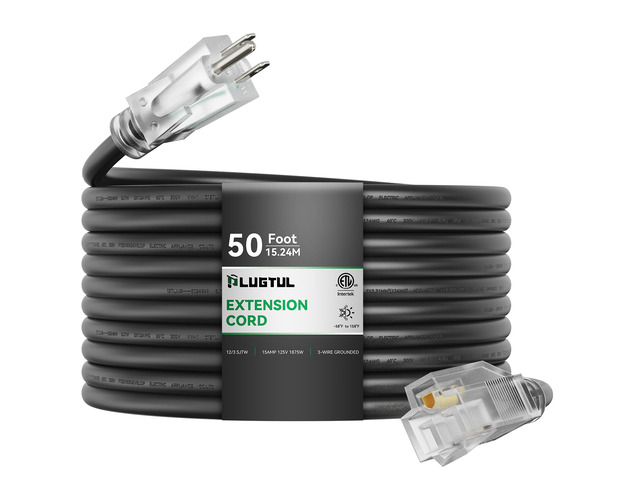 12 Gauge Extension Cord 50FT Outdoor Extension Cord with Lighted End, Heavy Duty,15A 1875W SJTW, ETL Listed, Great for Garden and Home, Black