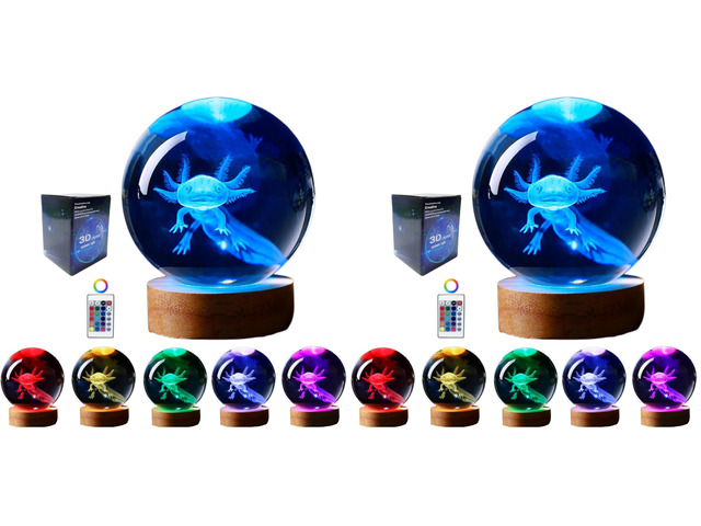 Axolotl lamp,3.15 inch 3D K9 Crystal Ball Axolotl Night Light with Wooden Base,16 Colors Change,Remote Control,Color Box,Birthday Christmas Axolotl...