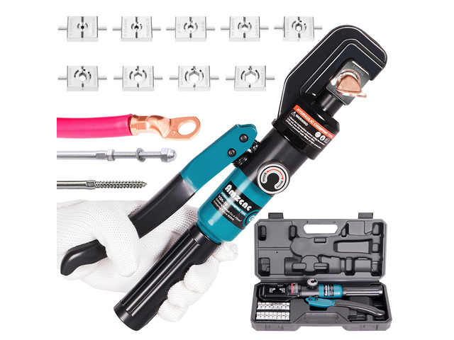 10 Ton Hydraulic Battery Cable Crimper Single-Hand Return, 9 Hex Dies for 12-2/0 AWG, 180° Rotating Head, Pro Terminal Tool for Car/RV/Marine Power
