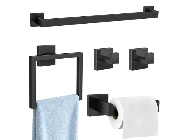 Bathroom Accessories Set Wall Mounted, 5-Piece 24In Matte Black Stainless Steel Modern Wall Mount Towel Racks for Bathroom Towel Bar Set