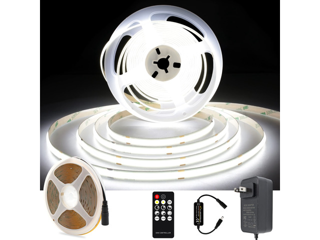 White COB LED Strip Light, Dimmable 16.4ft/5m LED Light, 6000K Daylight White 2400 LEDs High Lumen LED Tape Lights CRI 90+ with RF Remote and UL...