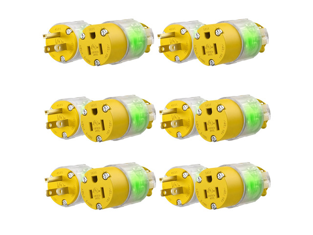 6 Sets Lighted Extension Cord Ends Replacement Plug 3 Prong 15A 125V NEMA 5-15P*NEMA 5-15R, Electrical Replacement Plug, Male and Female Extension...