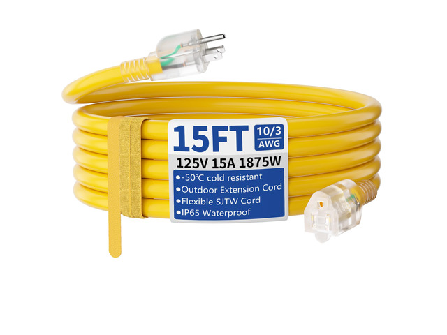 15ft Outdoor/Indoor Extension Cord with Lighted 10/3 Gauge Yellow 3 Prong, Heavy Duty, SJTW, Waterproof, Flexible Cold-Resistant extension cord for...