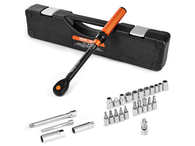 26Pcs Torque Wrench Set, 3/8 Inch Drive, 3.7-44.3FT. LB(5-60Nm), 72-Tooth Click Torque Wrench with Hex/Torx/Spark Plug Sockets, Extension Bars, 1/4...