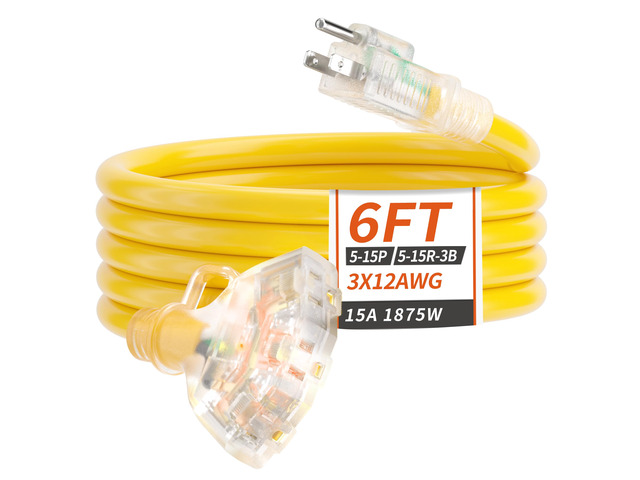 6 FT 12 Gauge Yellow Heavy Duty Outdoor Extension Cord Waterproof Extension Cord with Multiple Outlets Light Indicator, 12AWG 3 Outlet, Flexible...