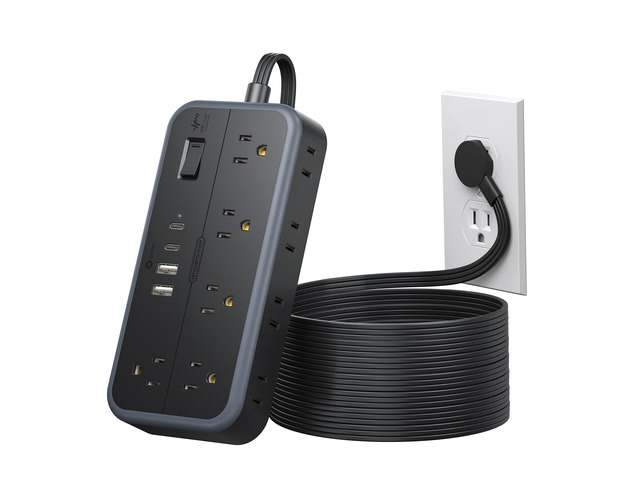Power Strip 15 Ft Cord, 10 Widely Spaced Outlets, 4 USB Port(2 USB C Port), Ultra Thin Flat Plug Extension Cord 15 Feet for Home Office Garage, Black