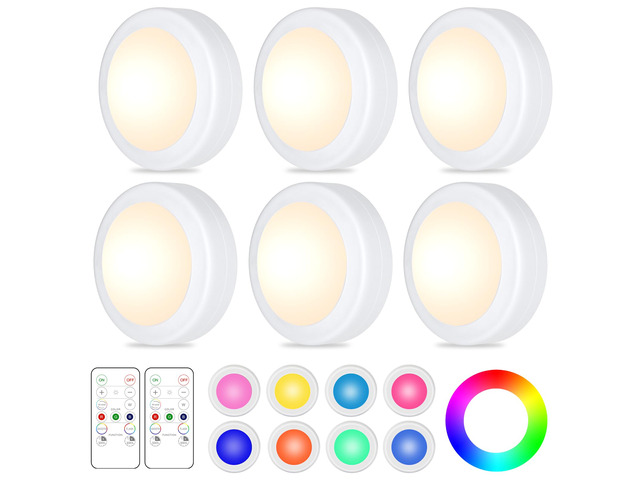 6 Pack LED Puck Lights Remote Control 16 Color Changeable Under Cabinet Lights, Battery Operated Lights Night Light with Dimmer & Timmer for Closet...