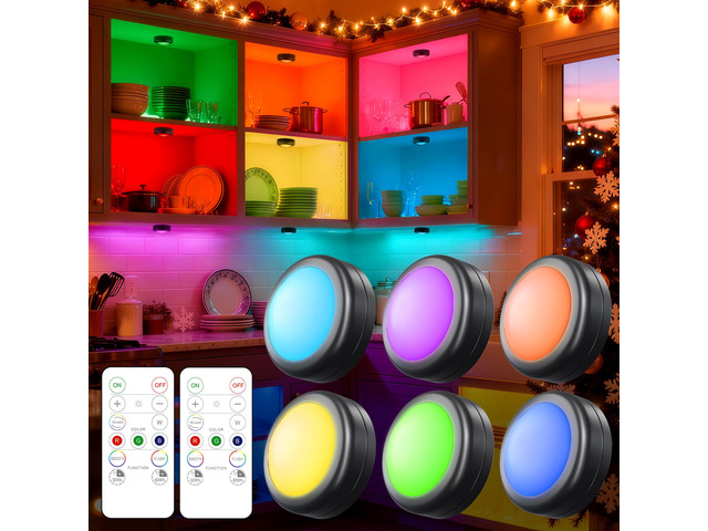 6 Pack LED Puck Lights Remote Control 16 Color Changeable Under Cabinet Lights, Battery Operated Lights Night Light with Dimmer & Timmer for Closet...