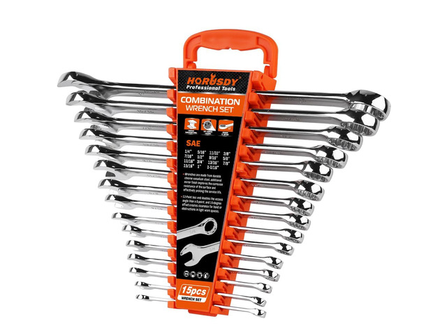 15-Piece SAE Wrench Sets, Premium Combination Wrench Set Metric 1/4in-1 in, Max Torque, 12-Point, Chrome Vanadium Steel, with Storage Rack