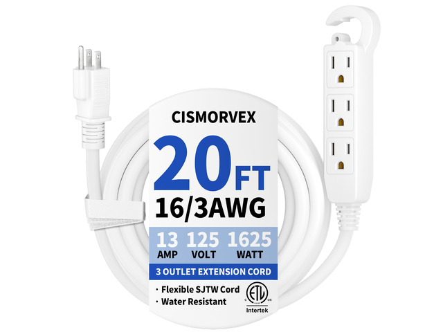 20Ft 3 Prong Multiple Outlets Indoor Extension Cord, White Grounded Extension Cord with Multiple Outlets, 16/3 AWG 3 Prong outlet Power Strip for...