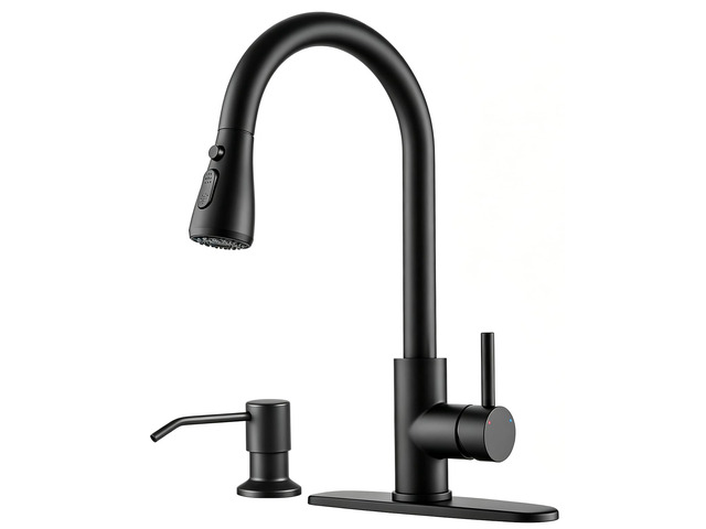 Kitchen Faucet with Pull Down Sprayer and Soap Dispenser, Black 304 Stainless Steel Single Handle with 3 Spray Modes, 18-Inch Hose, 10-Inch Deck Plate