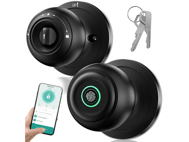 Smart Door Knob with Lock, Keyless Entry Fingerprint Door Lock, Dark Black Smart Lock with Auto-Lock, App, Key, Fingerprint Door Locks for Front...