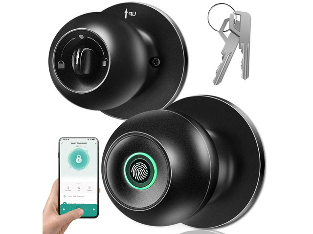 Smart Door Knob with Lock, Keyless Entry Fingerprint Door Lock, Black Smart Lock with Auto-Lock, App, Key, Fingerprint Door Locks for Front Door,...
