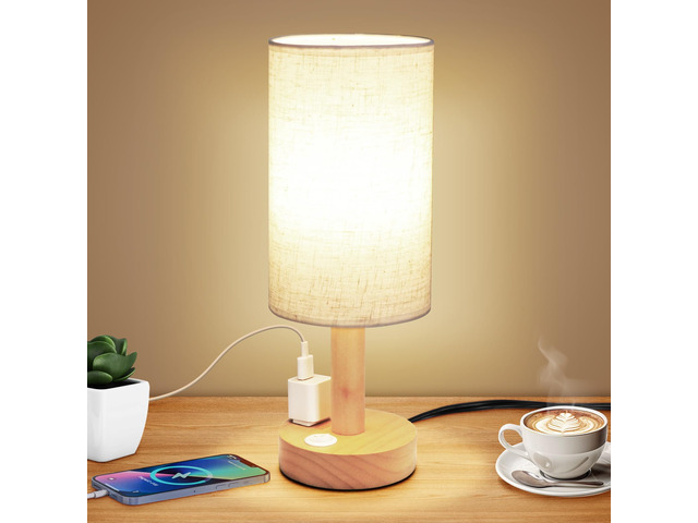 Small Bedside Table Lamp with AC Outlet, Natural Wood Base & Linen Shade, Mini Cute Cozy Warm White Nightstand Boho Lamp, Study Desk Night Stand...