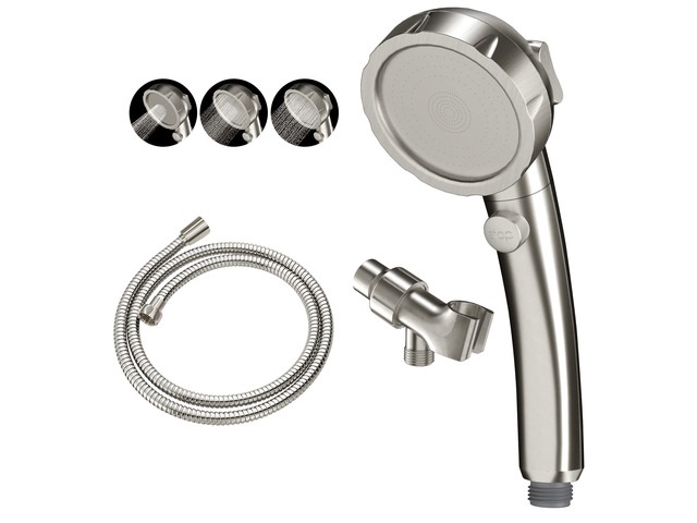 Brushed Nickel High Pressure Handheld Shower Head with ON/OFF Switch, 3 Spray Modes, Adjustable Angle Bracket, and Hose