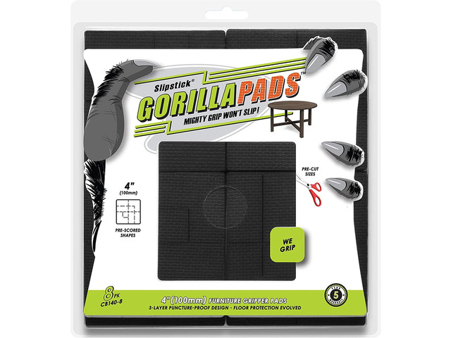 GorillaPads Non Slip Furniture Pads/Floor Grippers (Set of 8 Non Skid Floor Protectors) Pre-Scored to Cut to Multiple Size, 4 Inch Square, Black,...