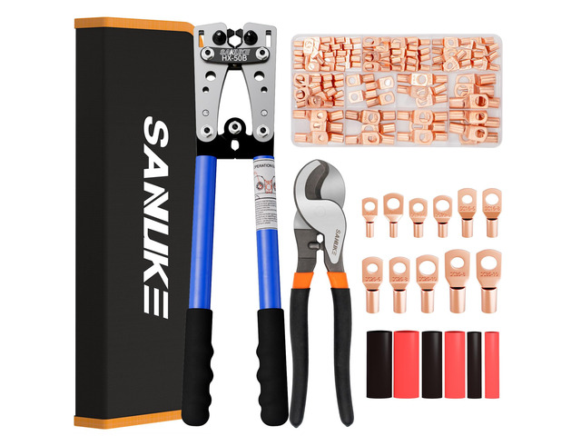 Battery Cable Crimping Tool AWG 10-1/0, Wire Cutter,100 Copper Lugs Electrical Terminal Crimper AWG 10 8 6 4 2 1/0, 100pcs Wire Connectors & Heat...