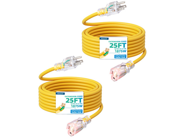 25FT Outdoor Extension Cord 2 Pack Lighted Plug End 3 Prong 14/3C SJTW Outdoor Extension Cord Waterproof, 15A 125V 1875W, Indoor/Outdoor, Yellow