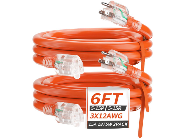 6FT 2Pack 12 Gauge Extension Cord, Short Extension Cord, Orange Outdoor Extension Cord Waterproof with Lighted Indicator, Extension Cord 6 Foot...
