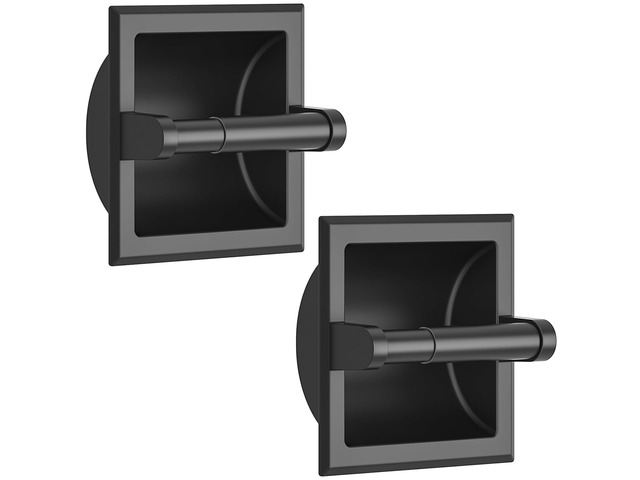 Recessed Toilet Paper Holder for Mega Rolls, 2 Pack Matte Black Stainless Steel Tissue Roll Holder Wall Mount for Bathroom Space-Saving Design, in...
