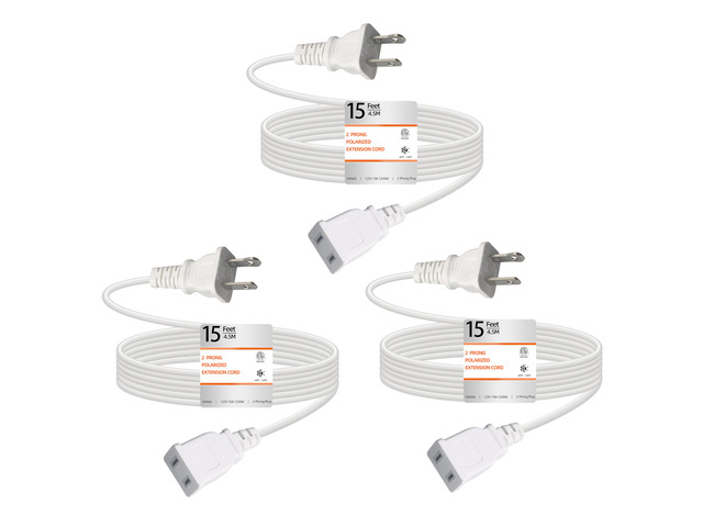 Thin Extension Cords 15FT White 2 Prong 125V 10A ETL Listed (3 Pack) Indoor Use, Male to Female, For Christmas Lights, Halloween Decor, Lamps,...