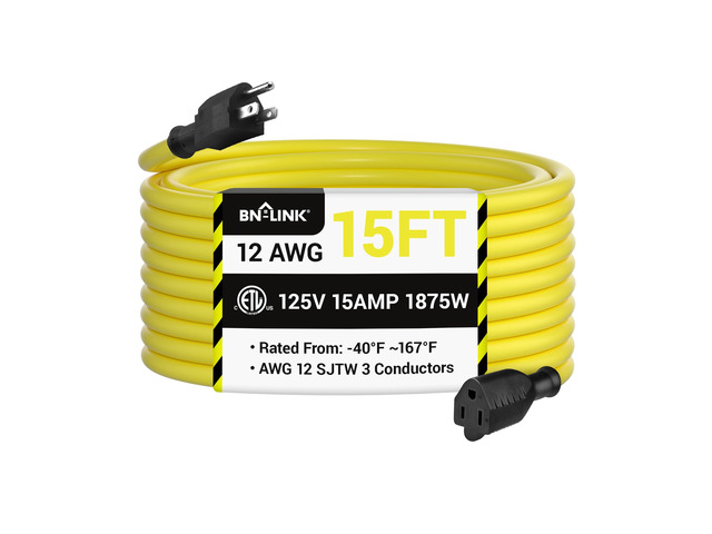15ft Outdoor Extension Cord, 12/3 SJTW Heavy Duty Power Cord, 3-Prong Grounded Plug, Weather Resistant, 15A, 1875W, Yellow, for Lawn, Garden,...