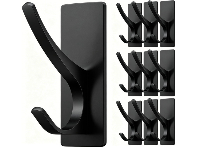 10-Pack Self Adhesive Towel Hooks: Extra Strong 13LB, Stainless Hook for Hanging Loofah, Towels, Coat, Bath Robe Bathroom Shower, Black