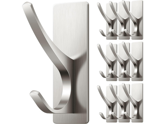 10 Pack Self Adhesive Towel Hooks: Extra Strong 13LB, Stainless Hook for Hanging Loofah, Towels, Coat, Bath Robe Bathroom Shower, Brushed Nickel