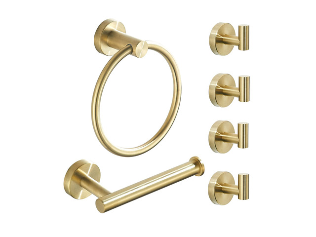 Brushed Gold Bathroom Hardware Set, Gold Toilet Paper Holder Towel Ring and 4 Robe Hooks Hand Towel Holder Bathroom Accessories Kit Wall Mount...