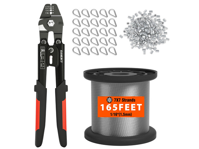Wire Rope Crimping Kit, 165ft 1/16' 304 Stainless Steel Cable with 100Pcs Aluminum Crimp Loop Sleeves and 25Pcs M2 Wire Rope Stainless Steel Thimbles