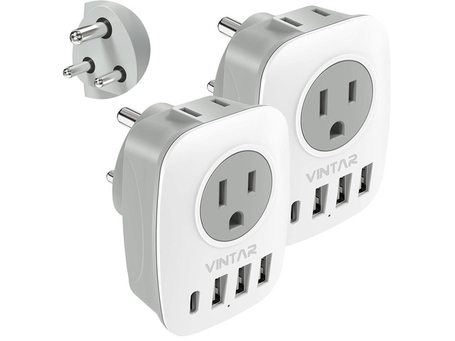 US to India Plug Adapter, 2 Pack Type D Travel Adapter with USB C 6 in 1 with 2 Outlets 4 USB, Fast Charge, Power Adapter for US to India,...