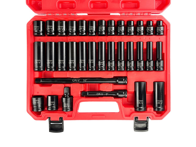 33pcs 1/2' Impact Socket Set (8-22mm), Metric Socket Set, Cr-V Steel, 6 Point Deep & Shallow Sockets, with 5' 10' Extension Bars and 1/2' Universal...